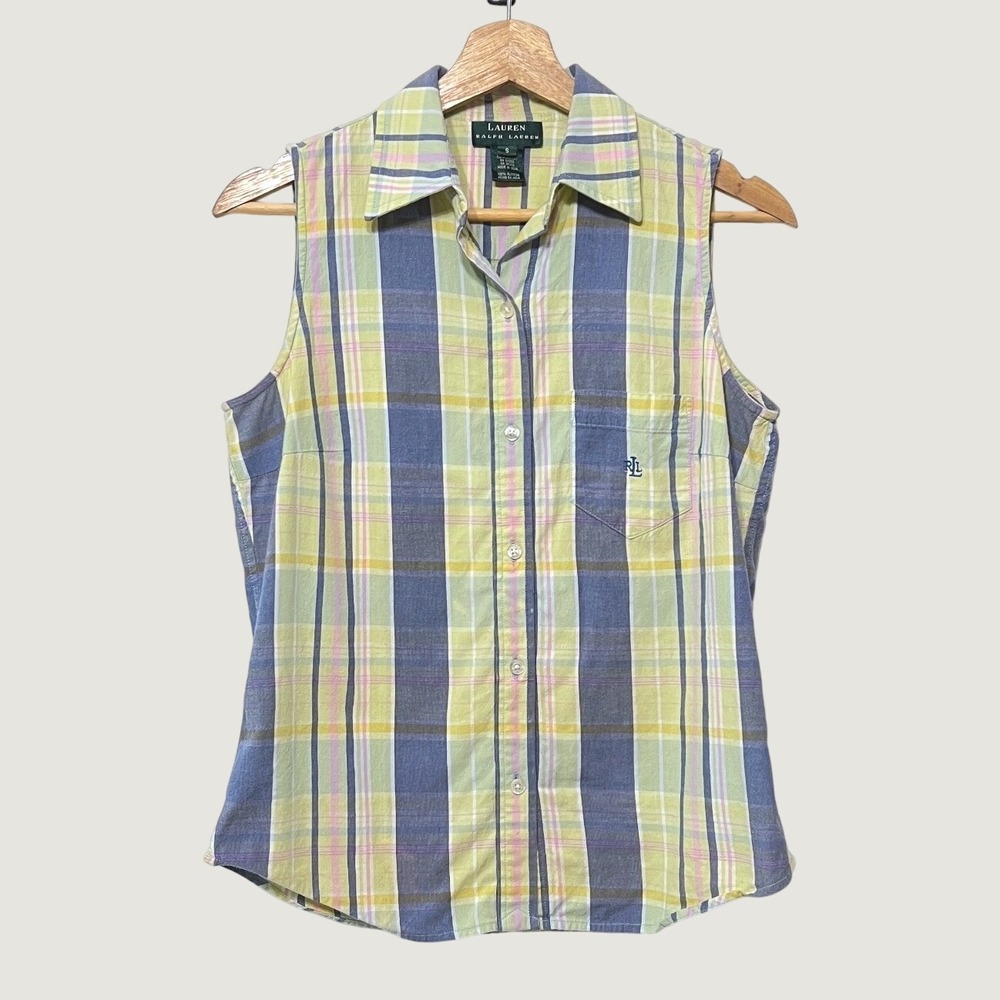 Lauren Ralph Lauren Small Vintage Sleeveless Plaid Button Down Shirt Old Money